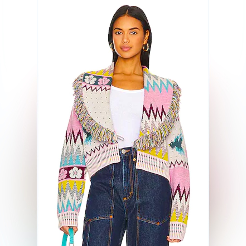 Hayley Menzies- Women’s Vibrant Zigzag Merino Jacquard Fringe Cardigan - Size: S